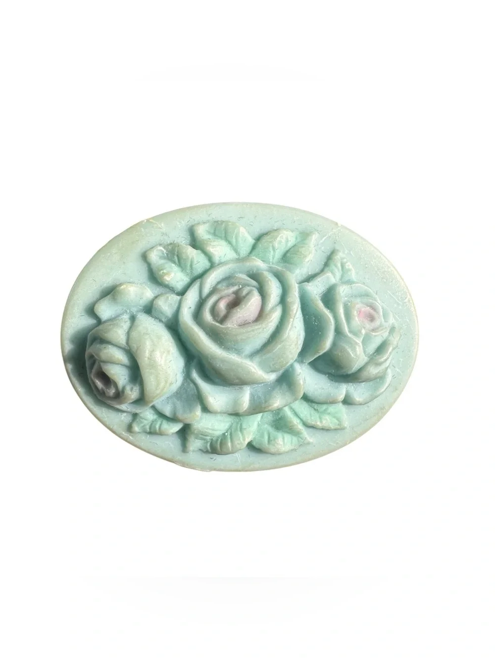 Oval Rose Floral Brooch Pin Pastel Aqua Pink Raised Flowers